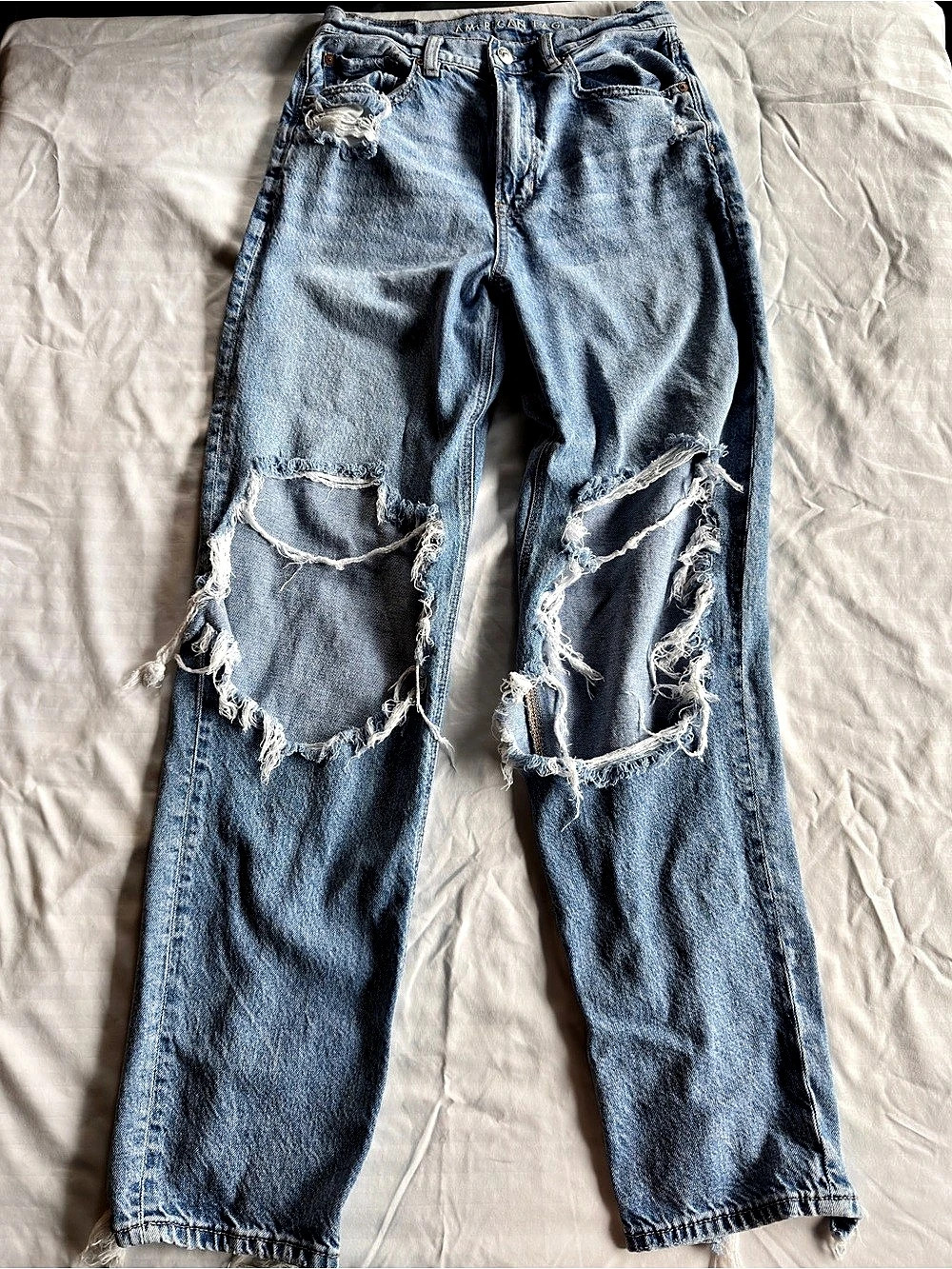 American Eagle Highest Rise Baggy Straight Distressed Blue Jeans Waist 2